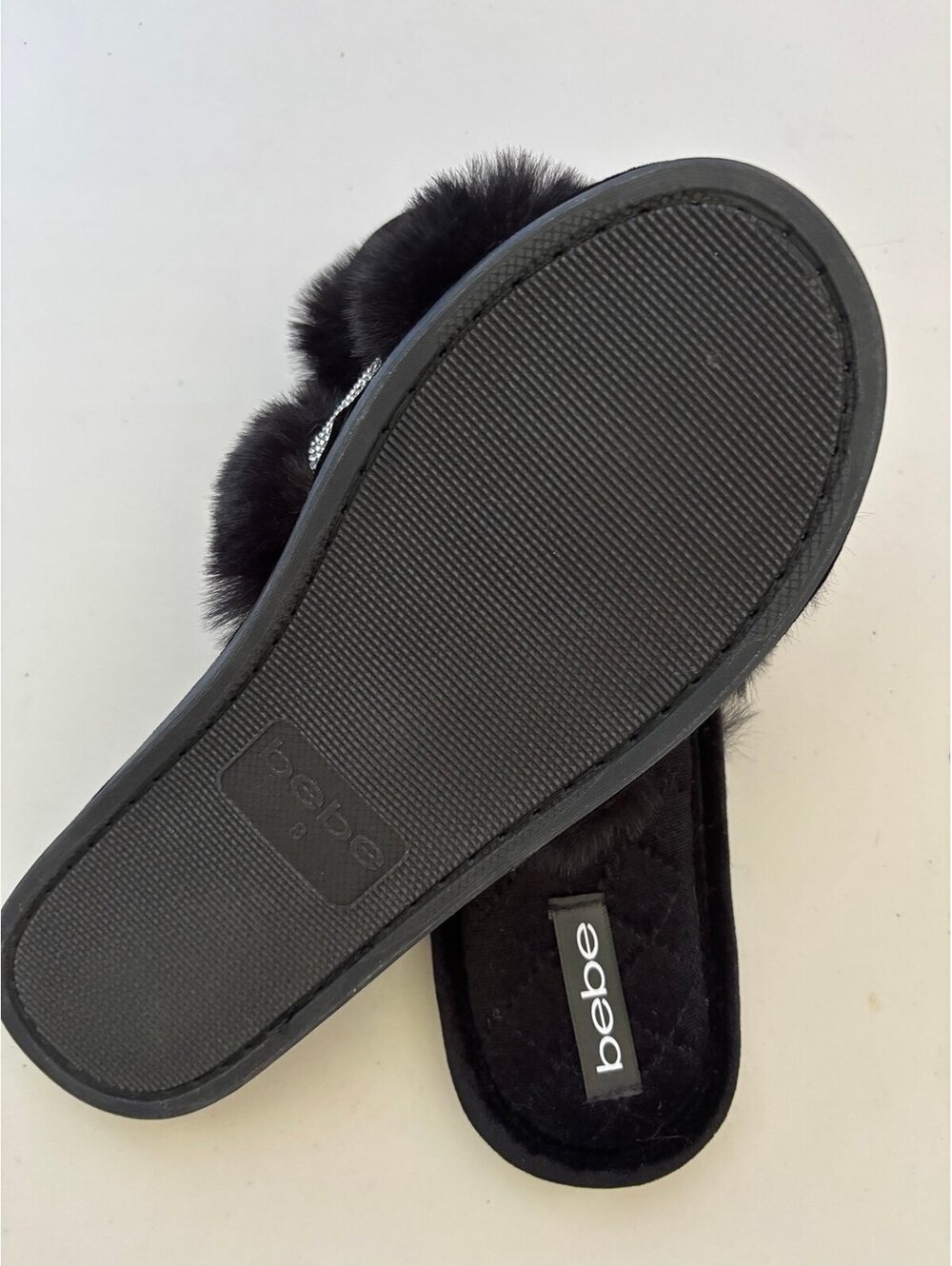 bebe Black Faux Fur Slide Sandals with Rhinestone Logo Band - Picture 6 of 7